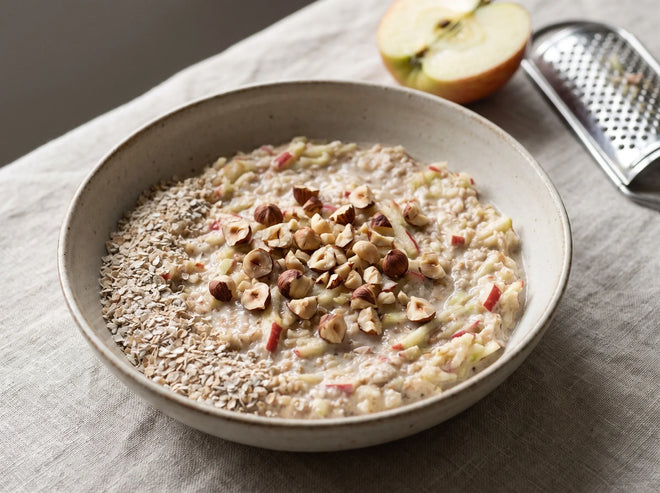 Bircher muesli with grated apple, yoghurt and Ryedical rye bran soaked overnight