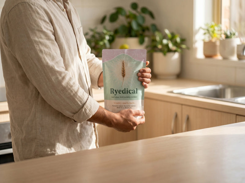 Person holding a Ryedical rye bran product package in a kitchen setting