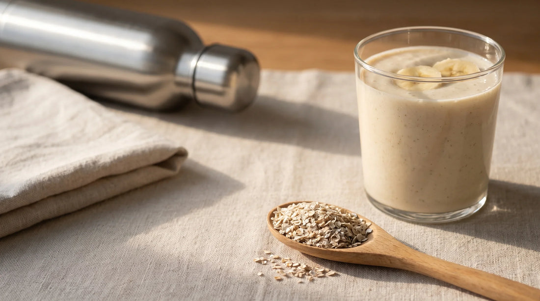 A rye bran shake on a kitchen bench with a water bottle and towel