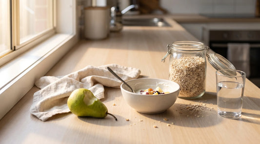 A kitchen bench with yoghurt, oats, fruit and a glass of water on a weekday morning