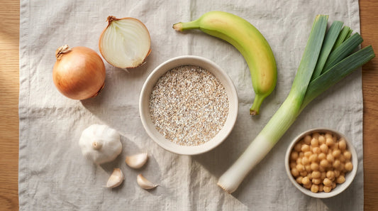 Prebiotic wholefoods including onion, garlic, banana, leek, chickpeas and rye bran
