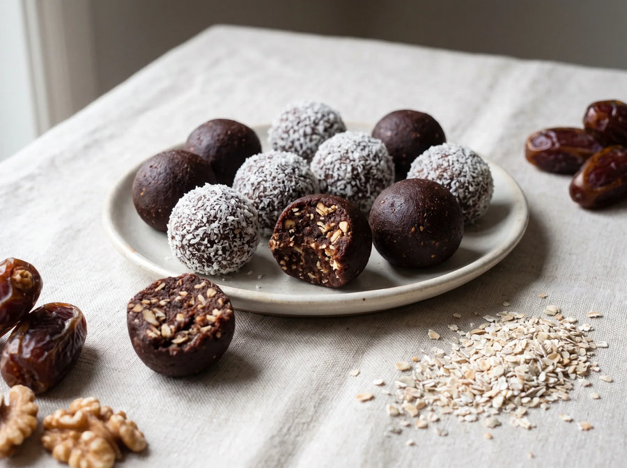 No-bake cacao and date bliss balls made with Ryedical rye bran, rolled in coconut