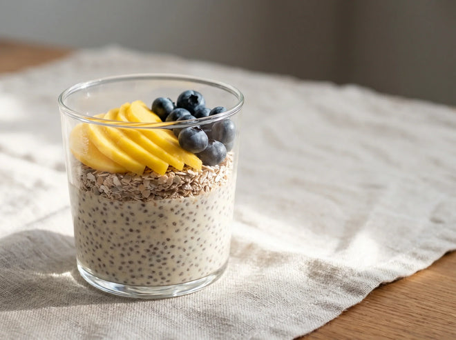 A glass of chia pudding made with Ryedical rye bran and topped with fresh fruit