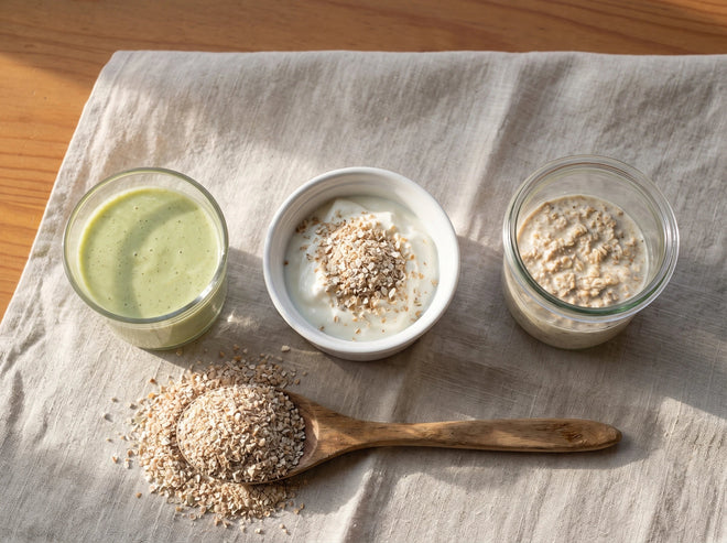 Three ways to eat Ryedical rye bran: blended into a smoothie, sprinkled on yoghurt, and mixed through overnight oats