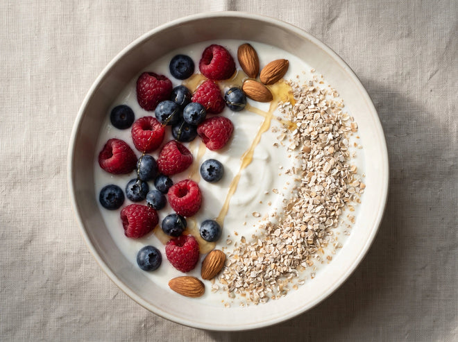 Greek yoghurt bowl topped with berries, honey and a tablespoon of Ryedical rye bran
