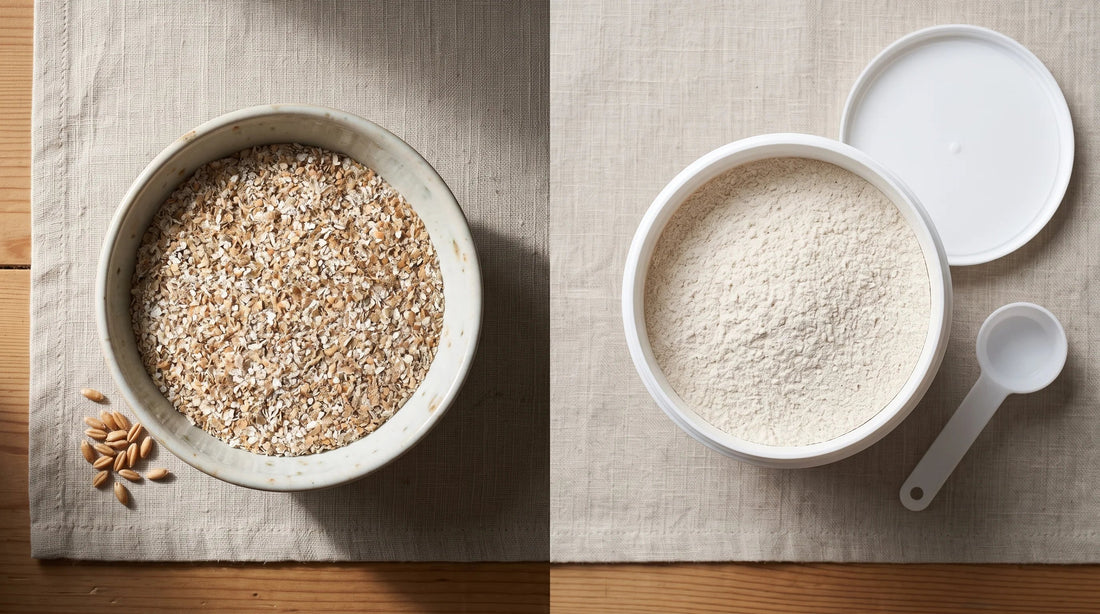 Whole rye grain and rye bran beside a tub of powdered fibre supplement
