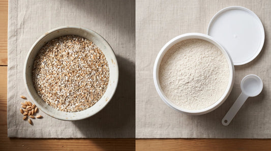 Whole rye grain and rye bran beside a tub of powdered fibre supplement