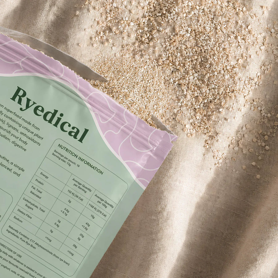 The back of a Ryedical pouch showing a single ingredient, rye bran, beside a dish of the milled bran
