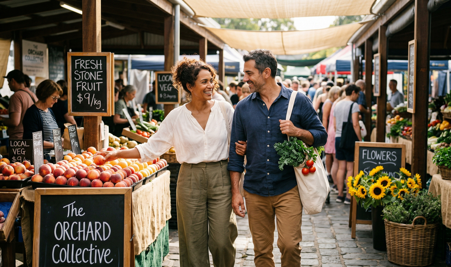 Couple shopping at an outdoor farmers market with fresh produce and a 'The Orchard Collective' stall.