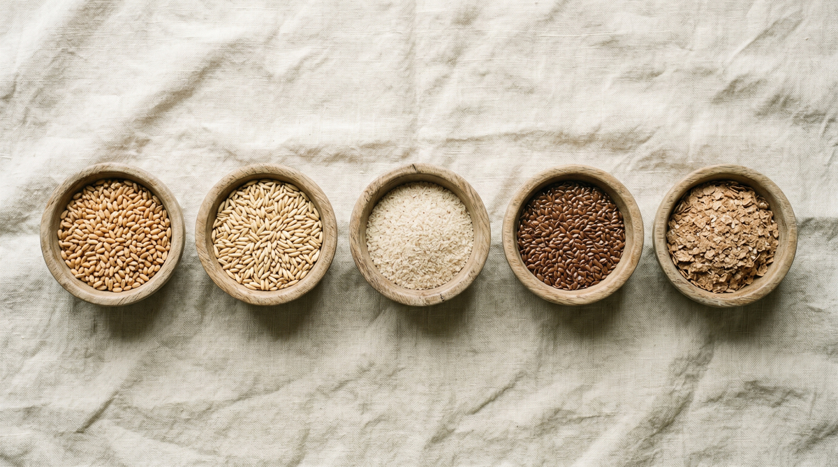 Five wooden bowls with different types of seeds on a textured fabric background