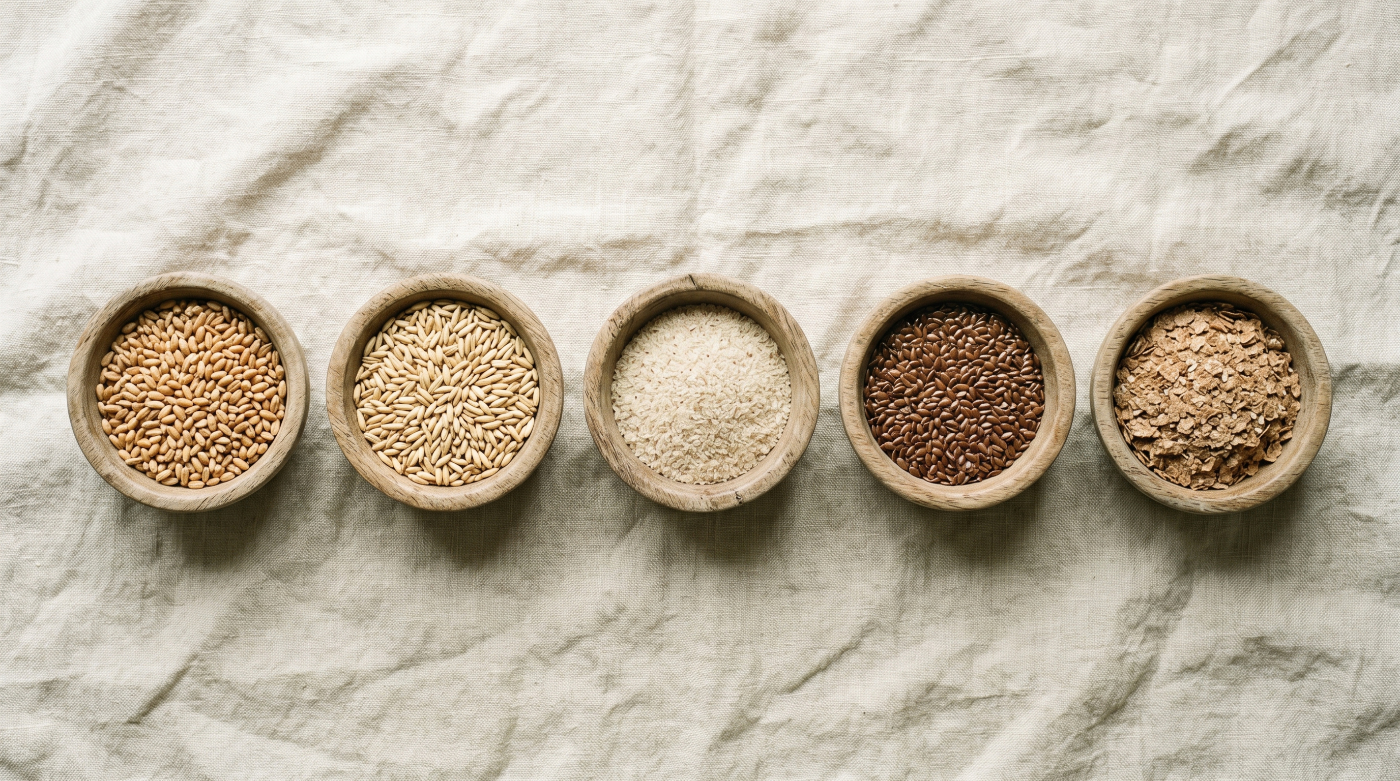 Five wooden bowls with different types of seeds on a textured fabric background