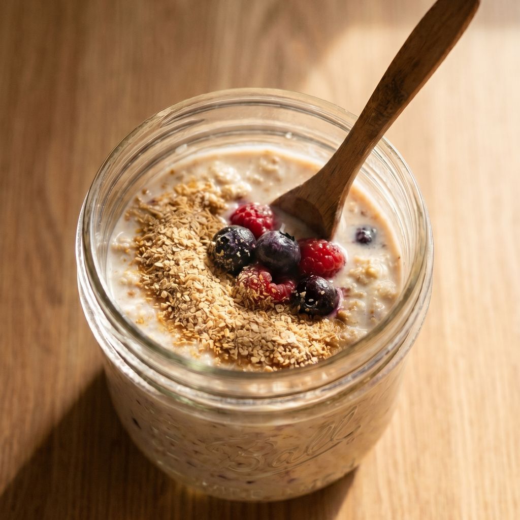 Glass jar of overnight oats with berries and a wooden spoon on a wooden surface