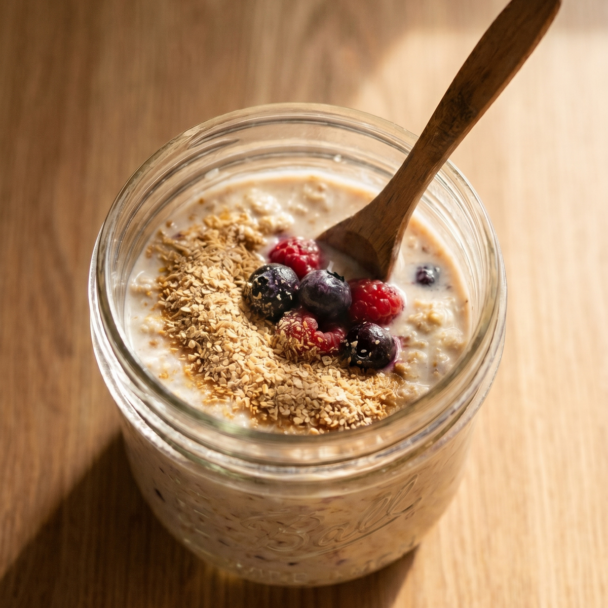 Glass jar of overnight oats with berries and a wooden spoon on a wooden surface