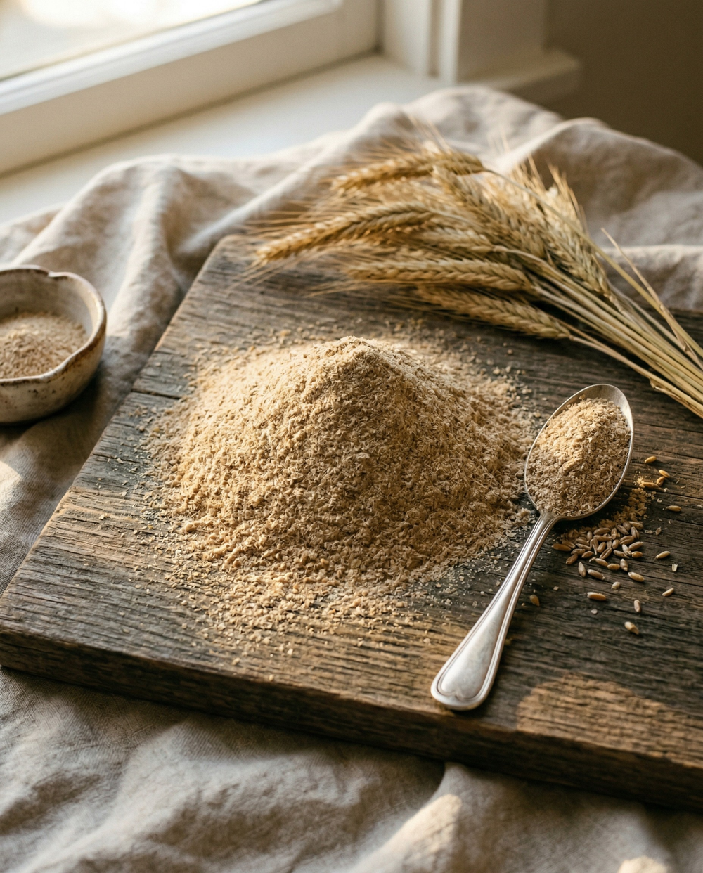 Wooden board with rye bran, a spoon, and rye stalks on a cloth-covered surface.