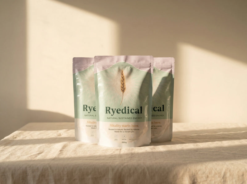 Three Ryedical rye bran packages on a linen surface with a soft light background