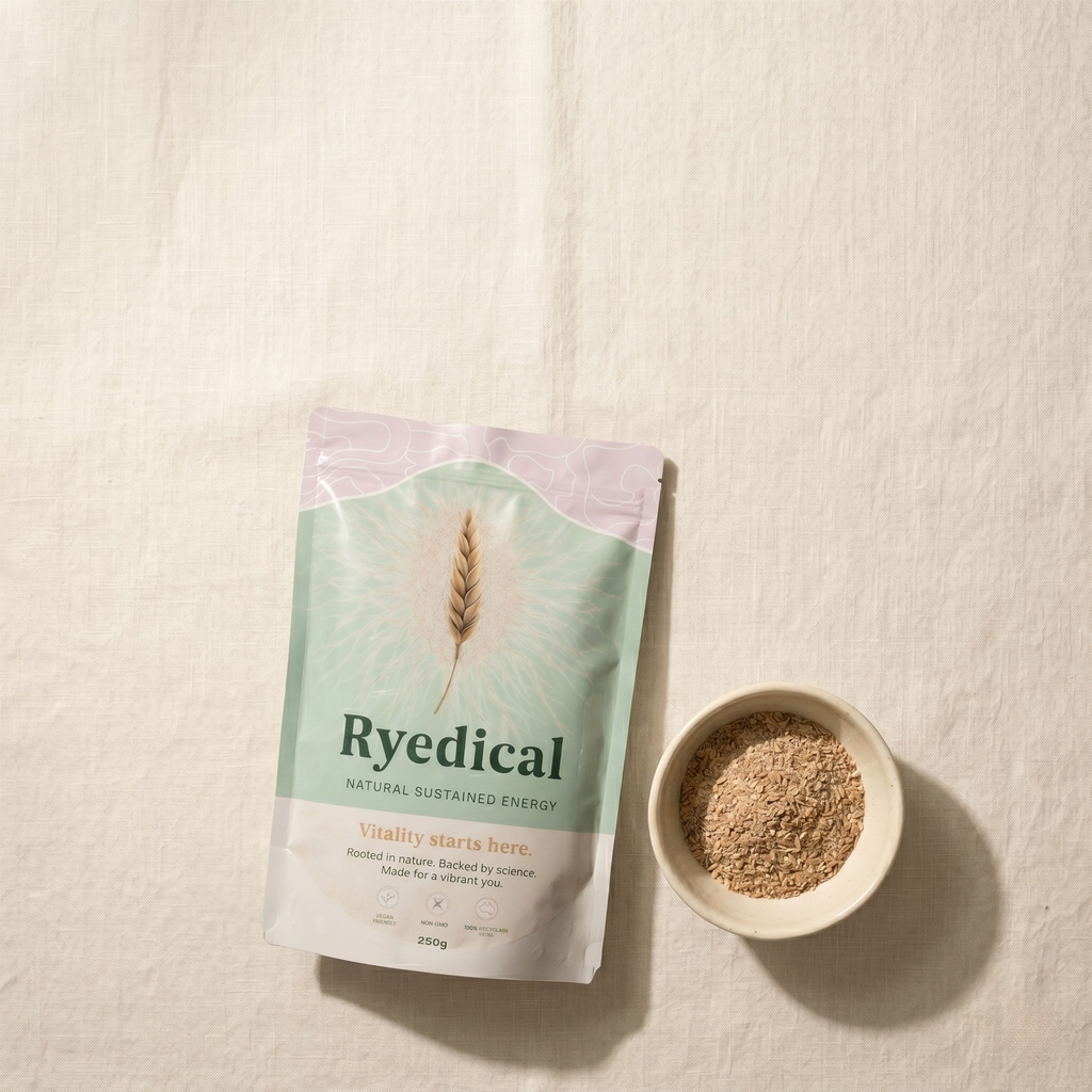 Ryedical 100% cold-processed rye bran 250g pouch on a wooden board with scattered rye bran