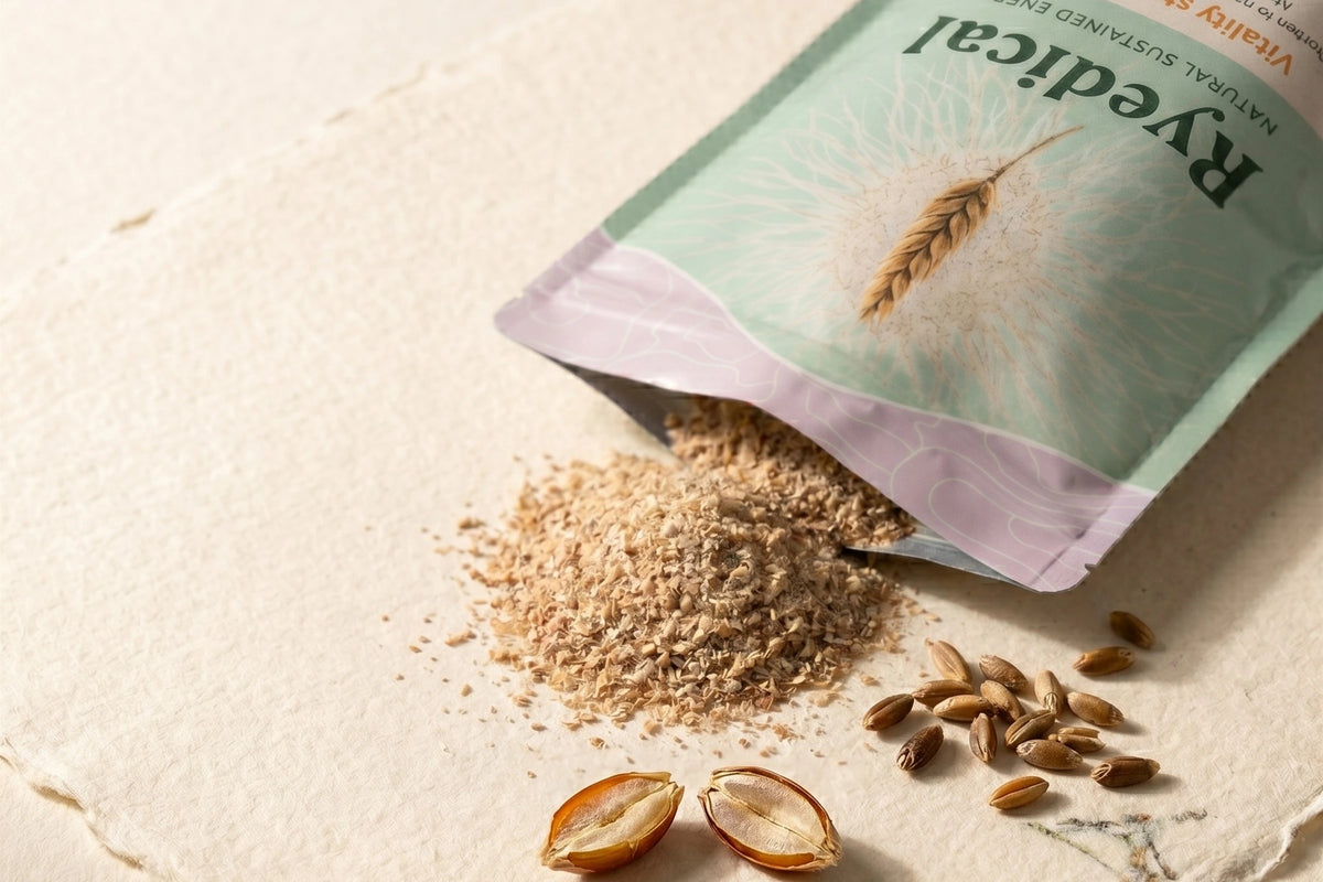Ryedical package with spilled rye bran on a light background