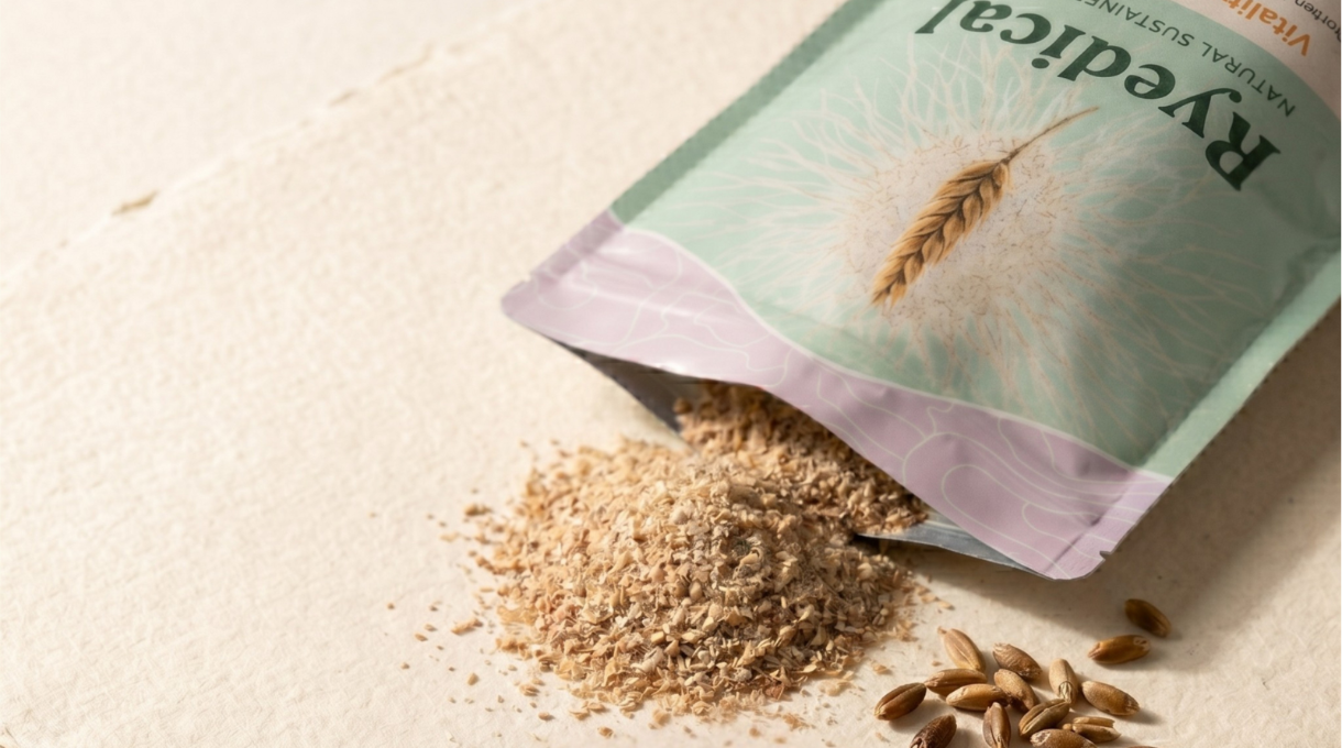 Open package of Ryedical with spilling rye bran on a light background