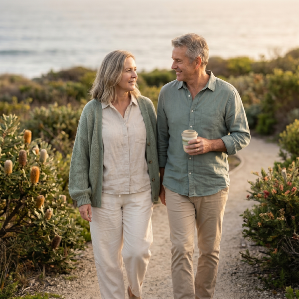 Man and woman walking together on a path with plants and flowers around