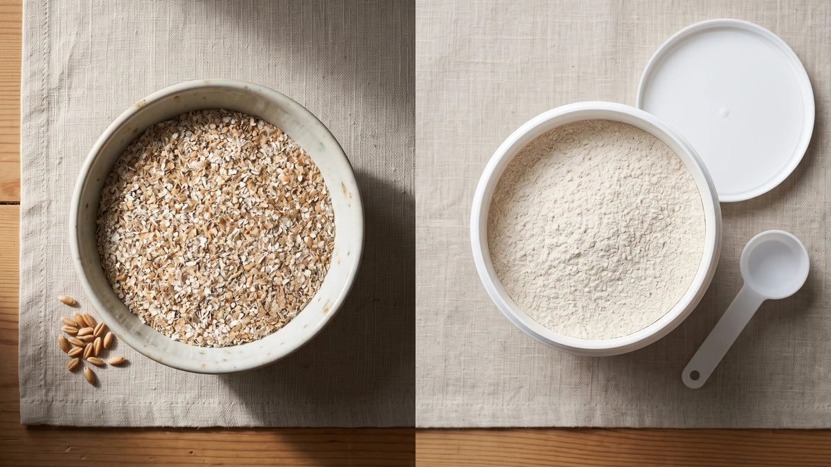 A ceramic bowl of rye bran on linen beside a white plastic tub of fibre supplement powder