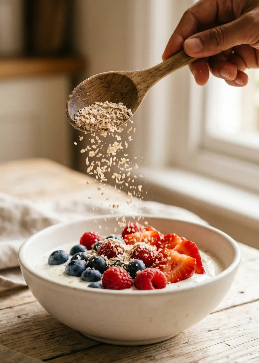 Rye bran flakes falling from a wooden spoon onto a bowl of yoghurt in morning light