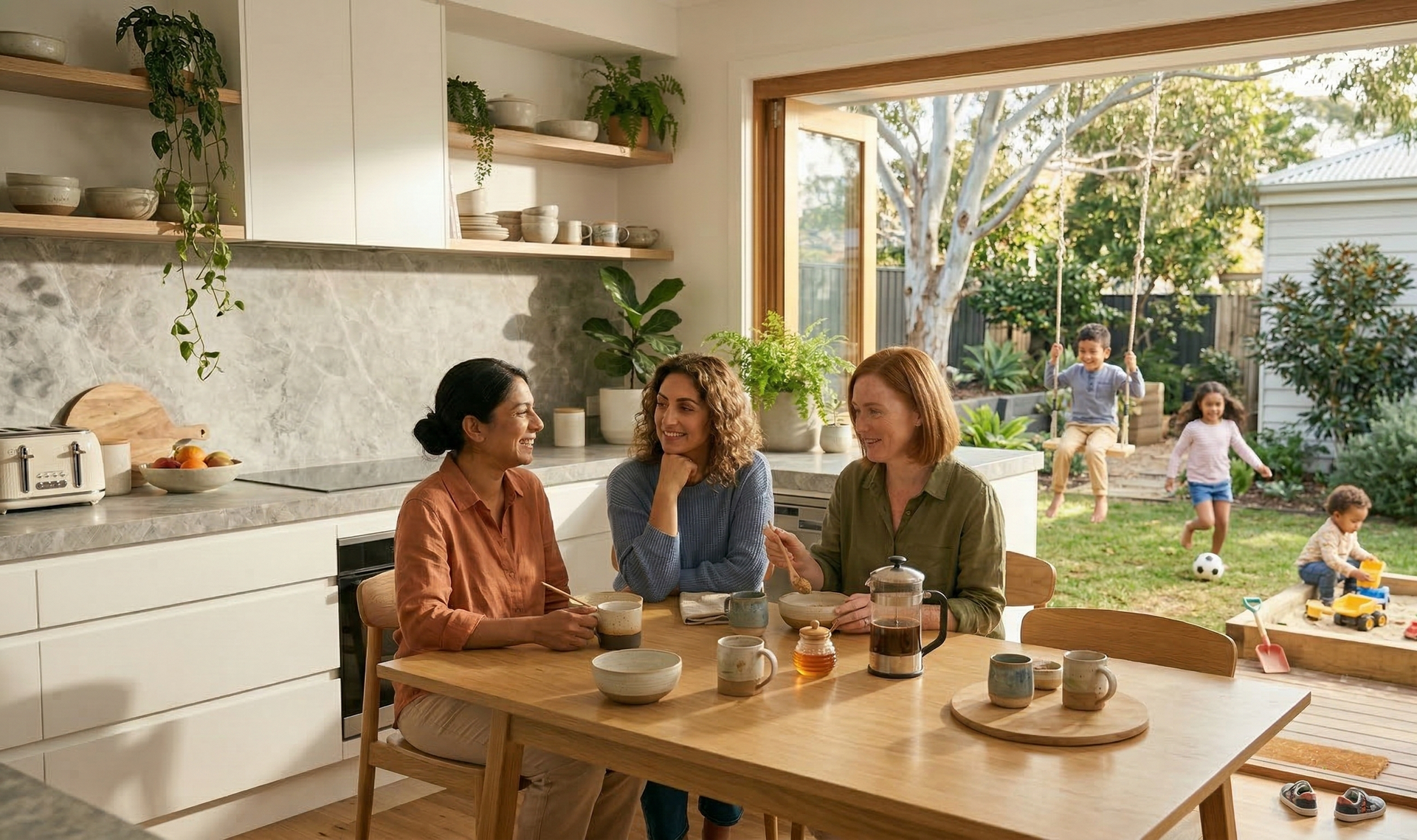 Three women sitting at a kitchen table with coffee and pastries, looking out a large window to a backyard with children playing.
